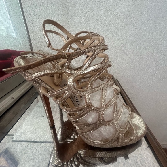Jimmy Choo Shimmering Gold Metallic python Strappy Heels w/dust bag - Picture 2 of 10